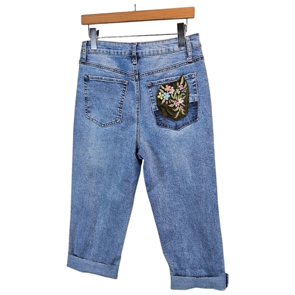 Hippie Denim Boho Embroidered Patchwork Slim Straight Jeans 31 Cropped Unique - Picture 6 of 13